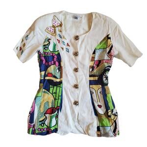 Vintage 80's Button-Up Shirt & Shorts Set Picasso Style Abstract Art - Small